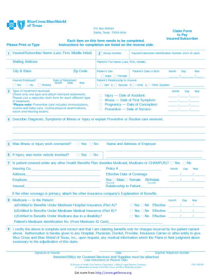 Blue Cross Blue Shield Association Medical Claim Form 1