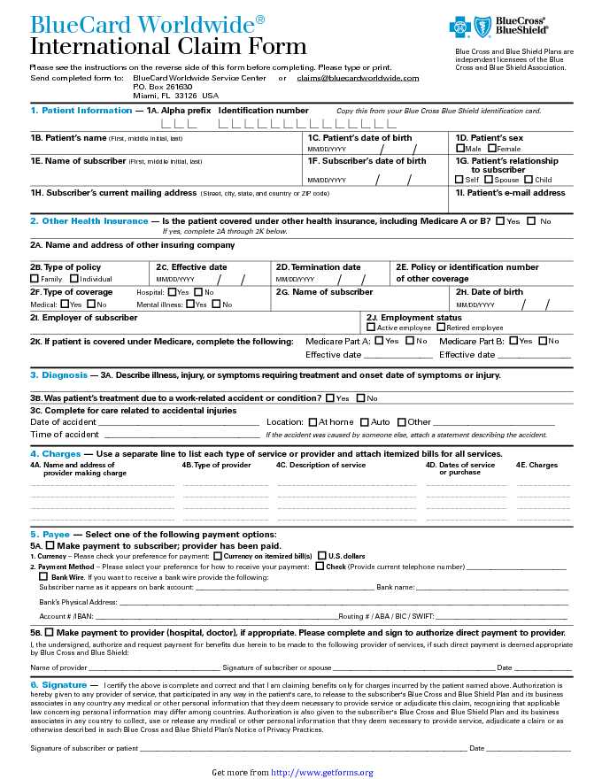 Blue Cross Blue Shield International Medical Claim Form