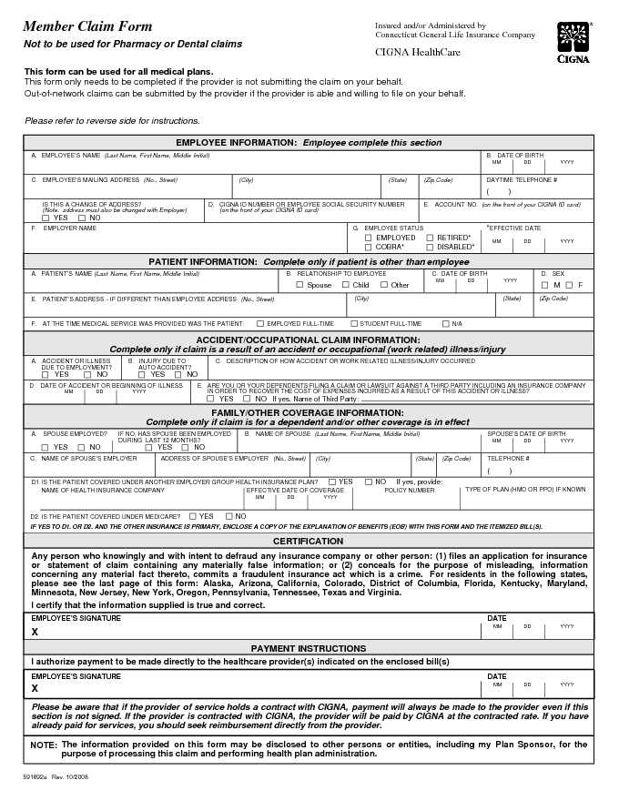 Cigna Medical Claim Form