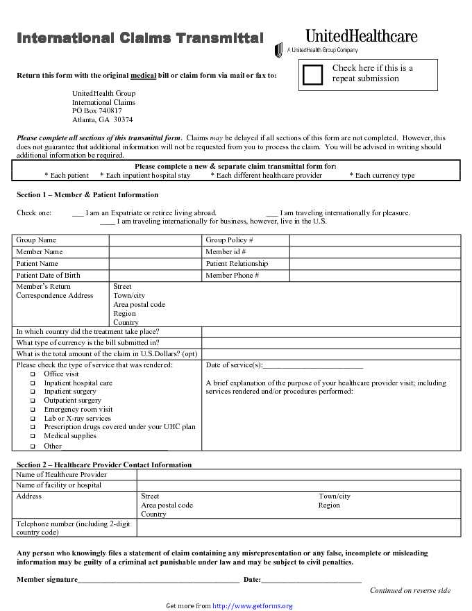 UnitedHealth Group International Claims Transmittal