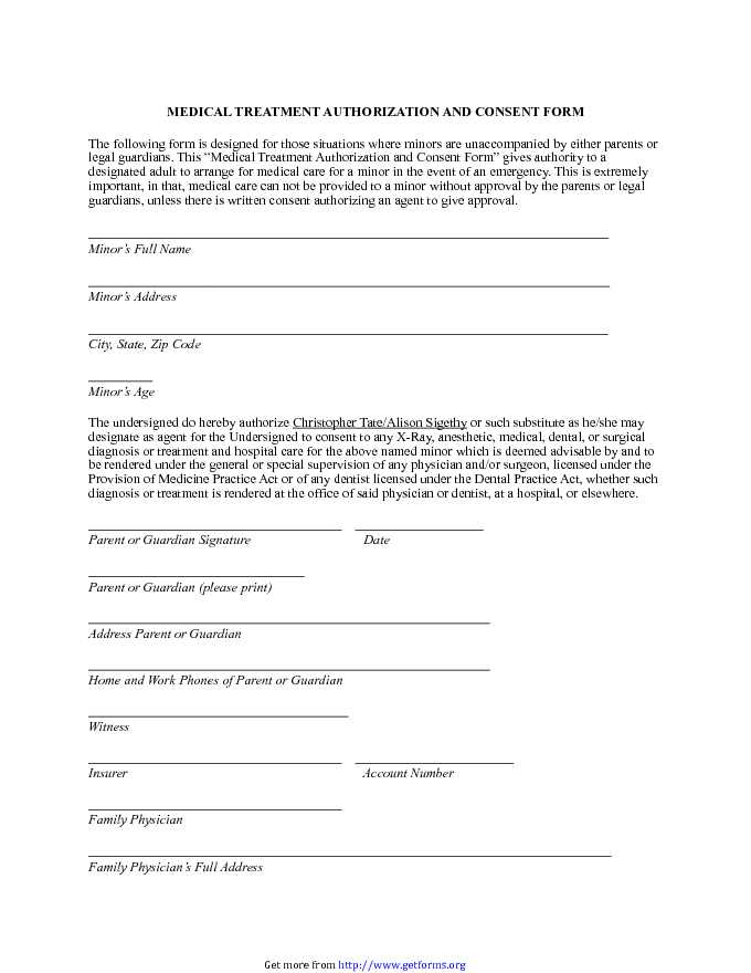 Medical Treatment Authorization and Consent Form