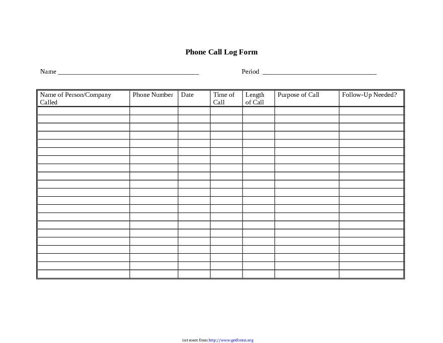 Phone Call Log Form