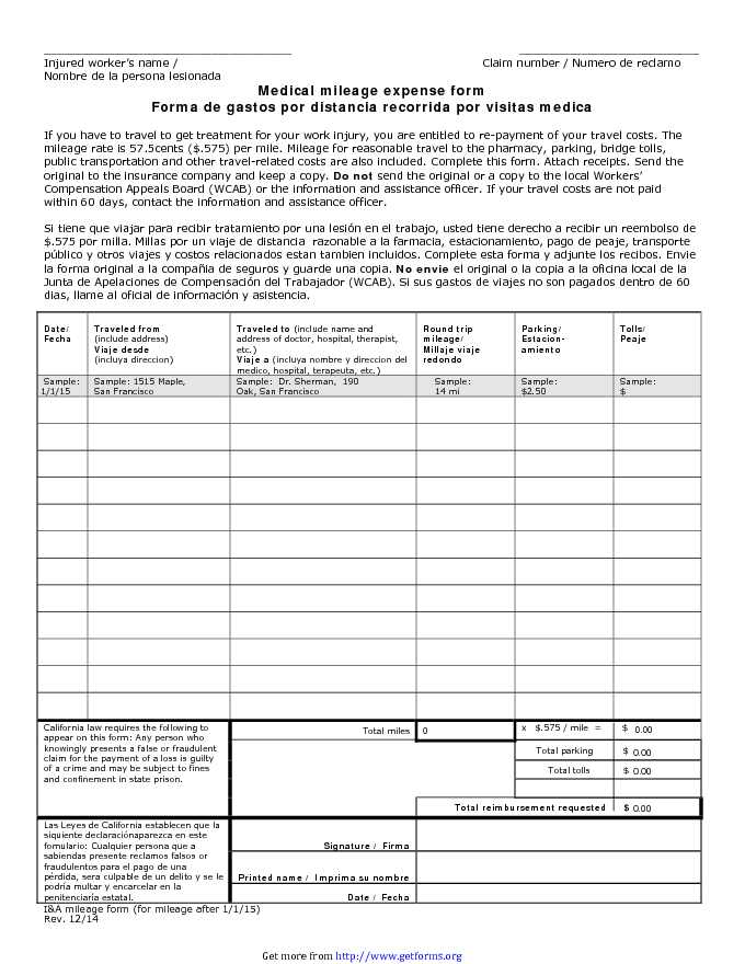 Medical Mileage Expense Form