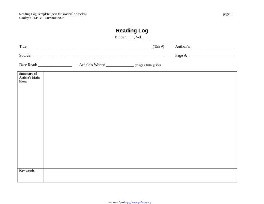 Reading Log Template