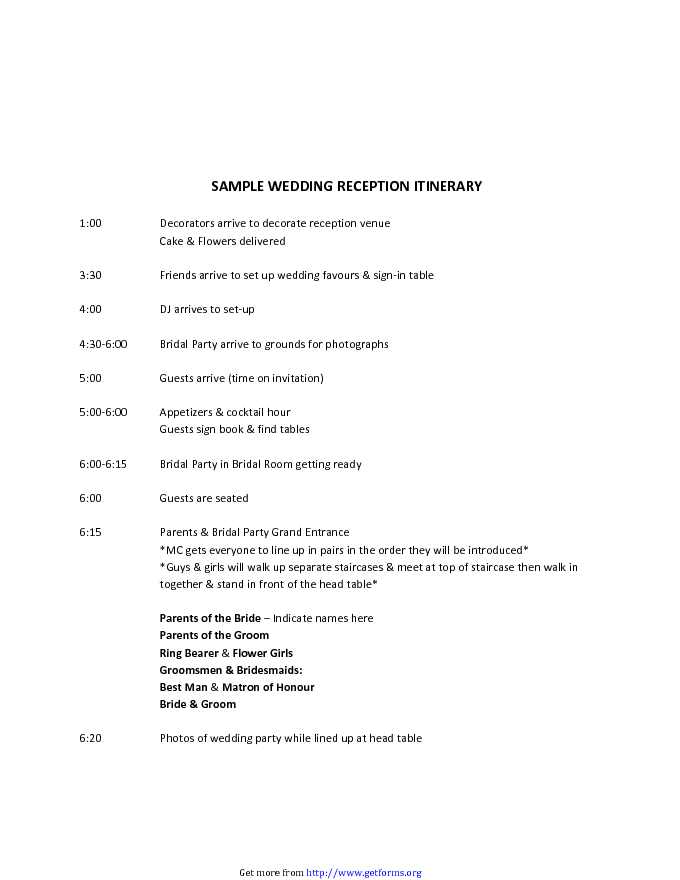 Sample Wedding Reception Itinerary 1