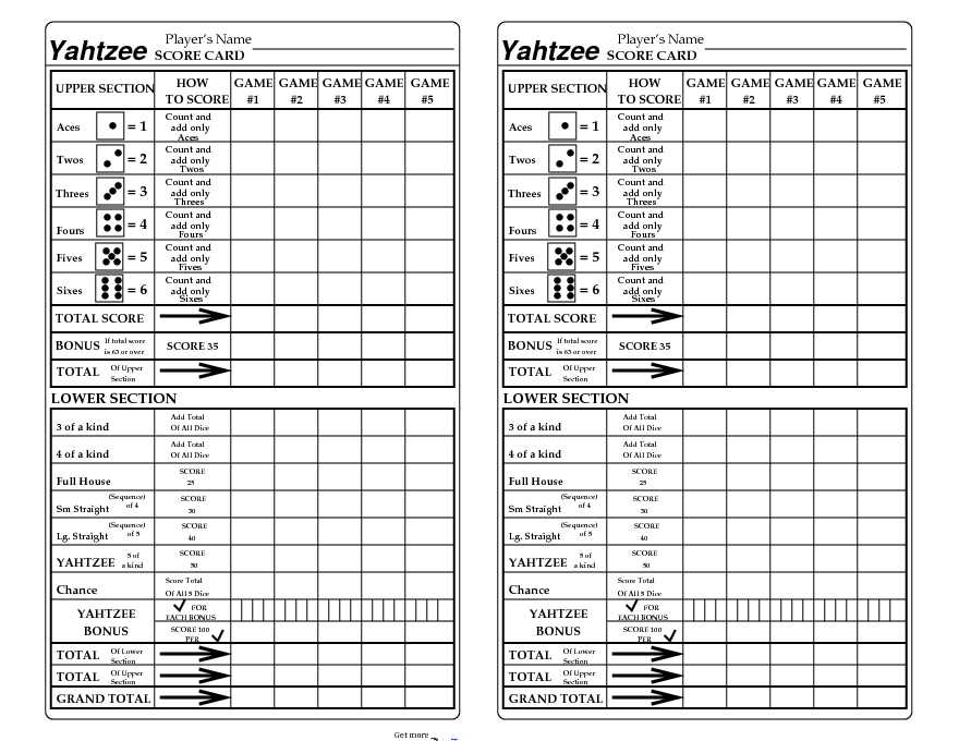 Yahtzee Score Cards