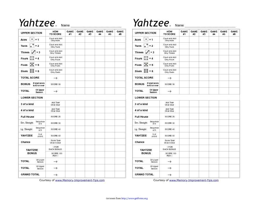 Yahtzee Score Sheets