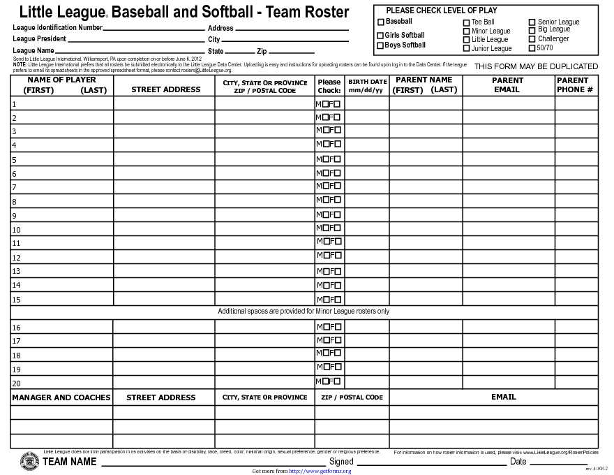 Softball Roster Template