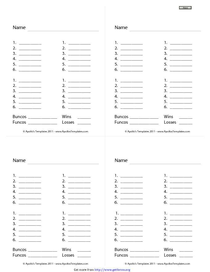 Bunco Score Card