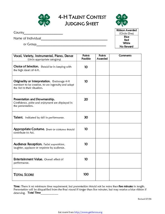 4-H Talent Contest Judging Sheet