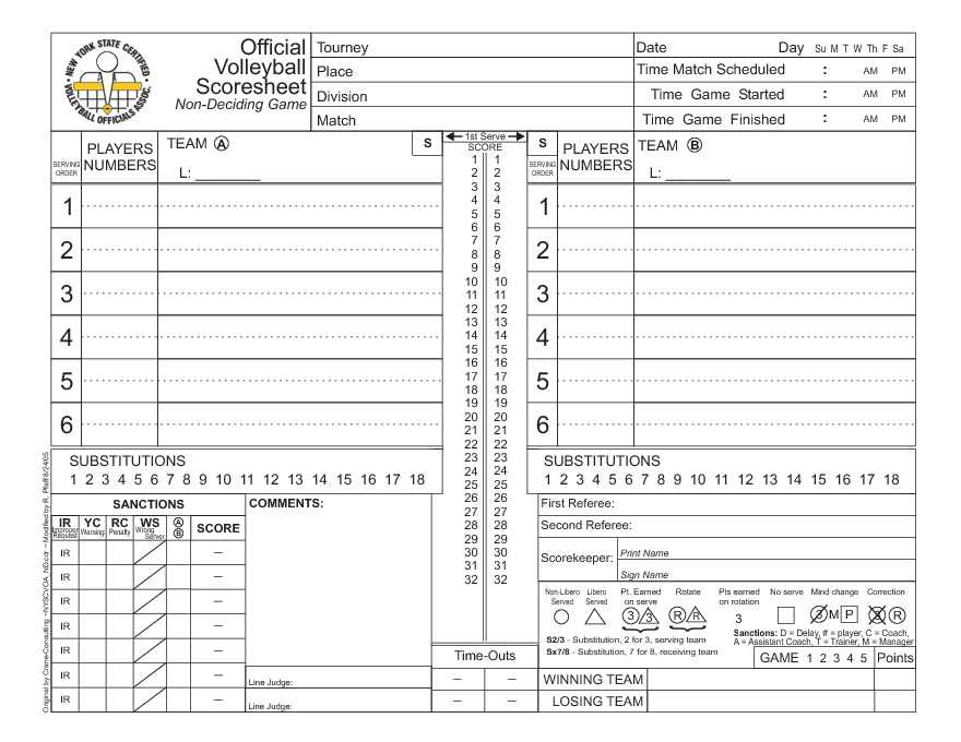 Volleyball Score Sheet