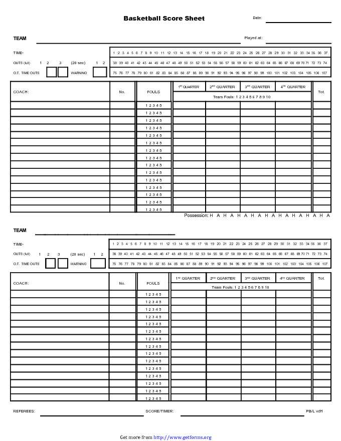 Printable Basketball Score Sheet