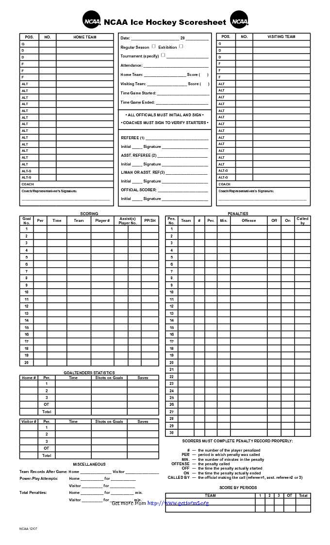 NCAA Ice Hockey Scoresheet