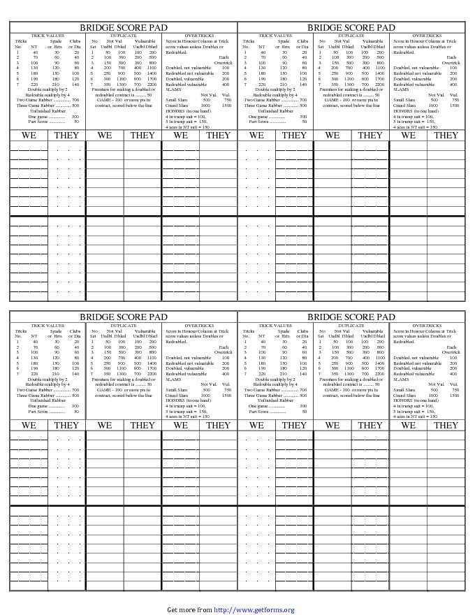 Bridge Score Pad