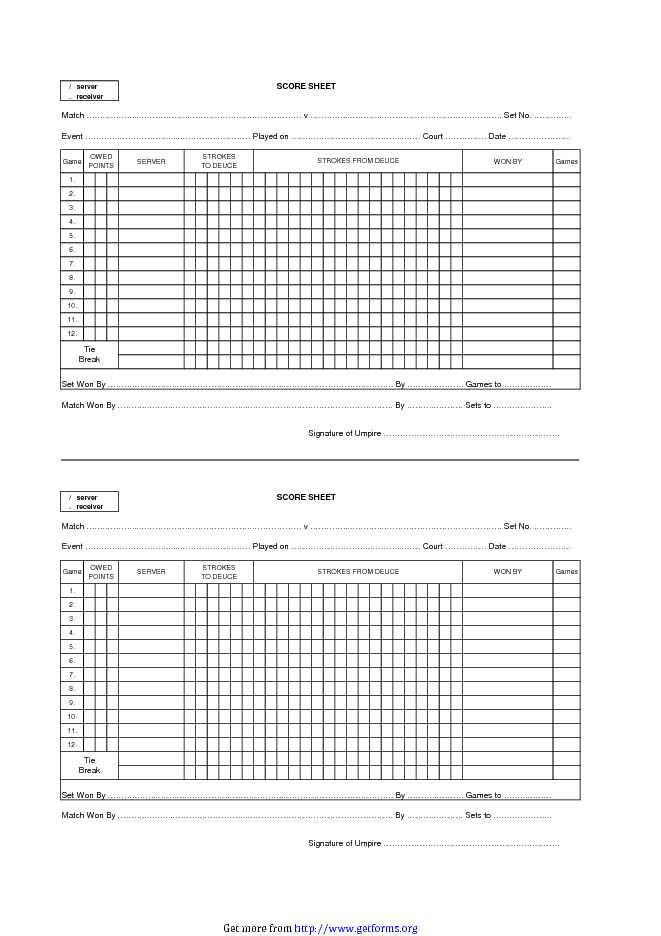 Tennis Score Sheet 1