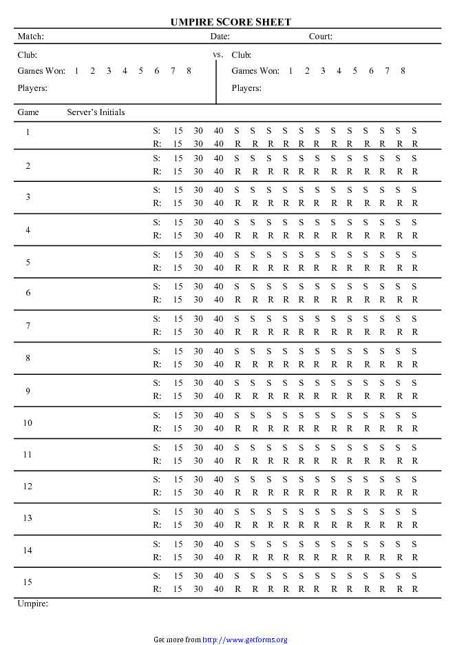 Tennis Umpire Score Sheet