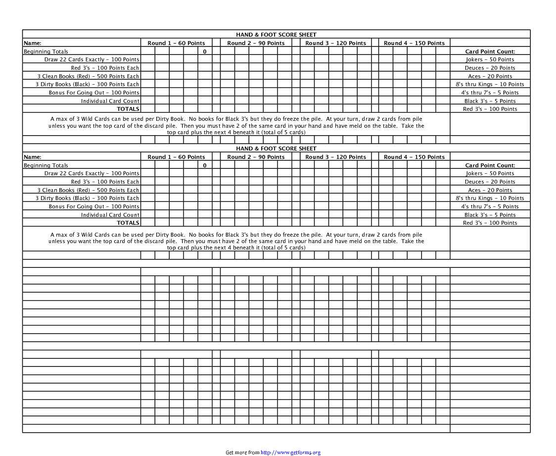 Hand & Foot Score Sheet 1