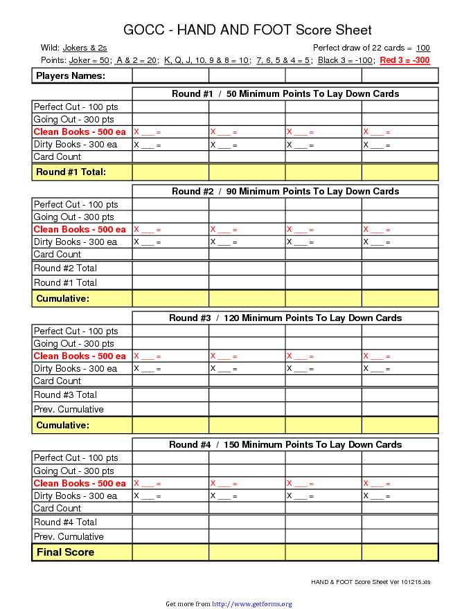 Hand & Foot Score Sheet 2