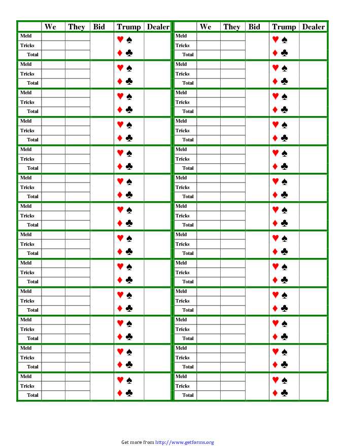 Pinochle Score Sheet Alternate