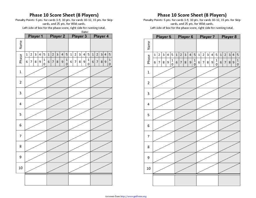 Phase 10 Score Sheet 8 players