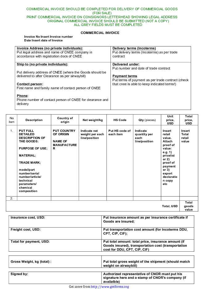 Commercial Invoice Template Excel