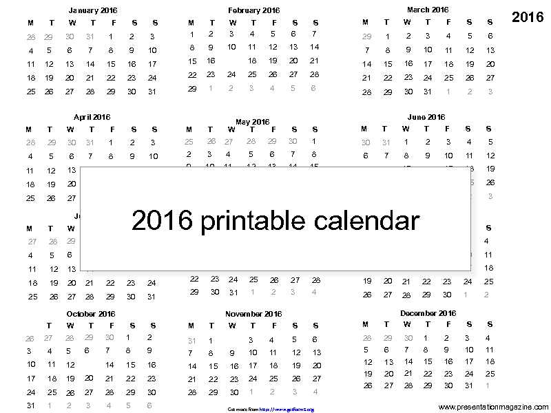 2016 Yearly Calendar 2