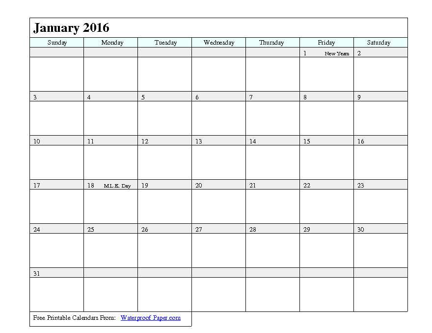 2016 Monthly Calendar 1