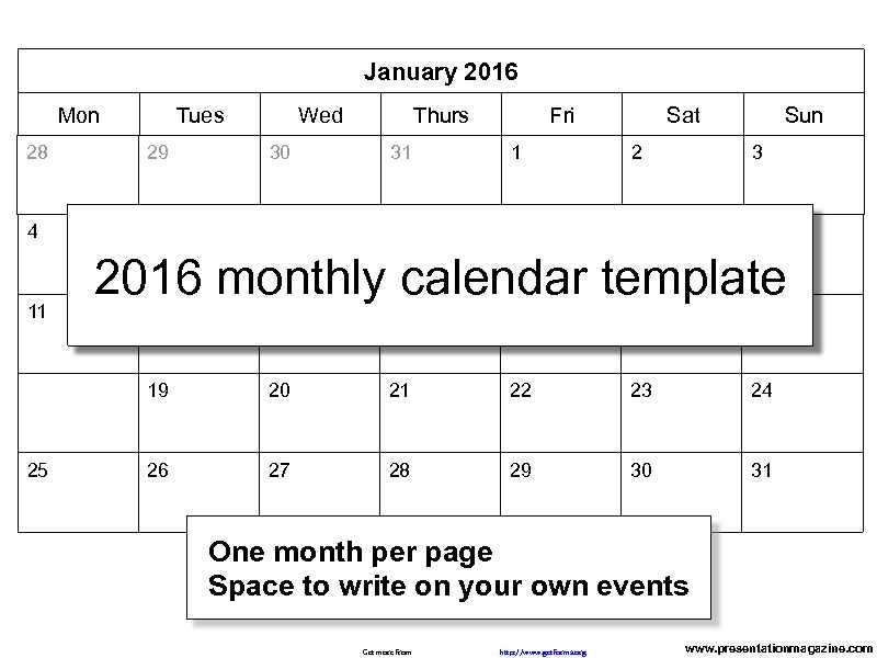 2016 Monthly Calendar 2