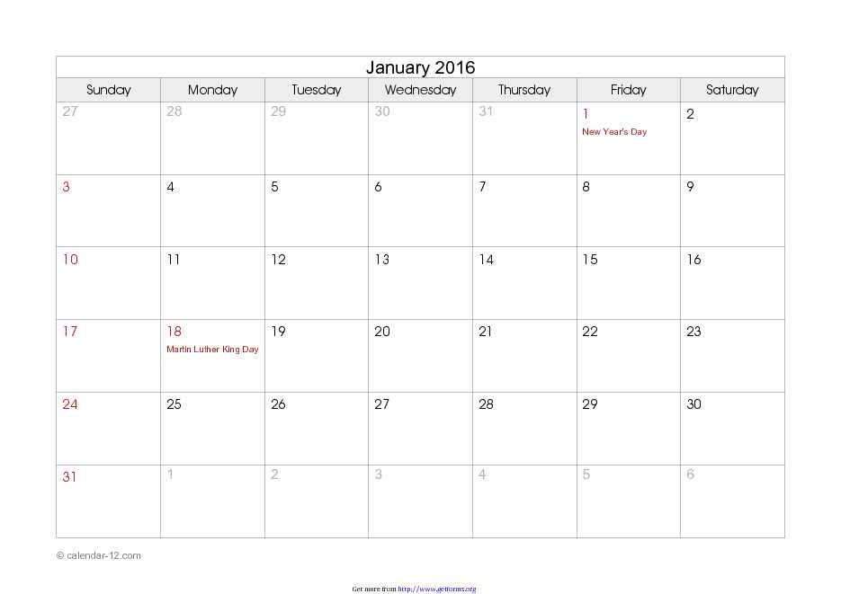January 2016 Calendar 1