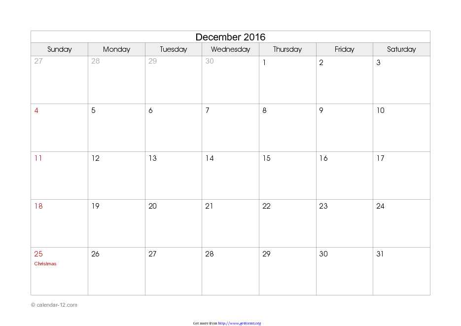 December 2016 Calendar 2
