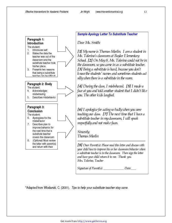 Sample Apology Letter to Substitute Teacher