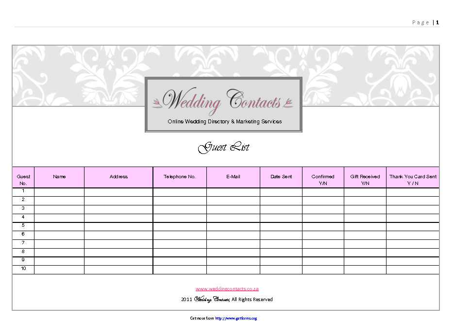 Wedding Guest List Template 2