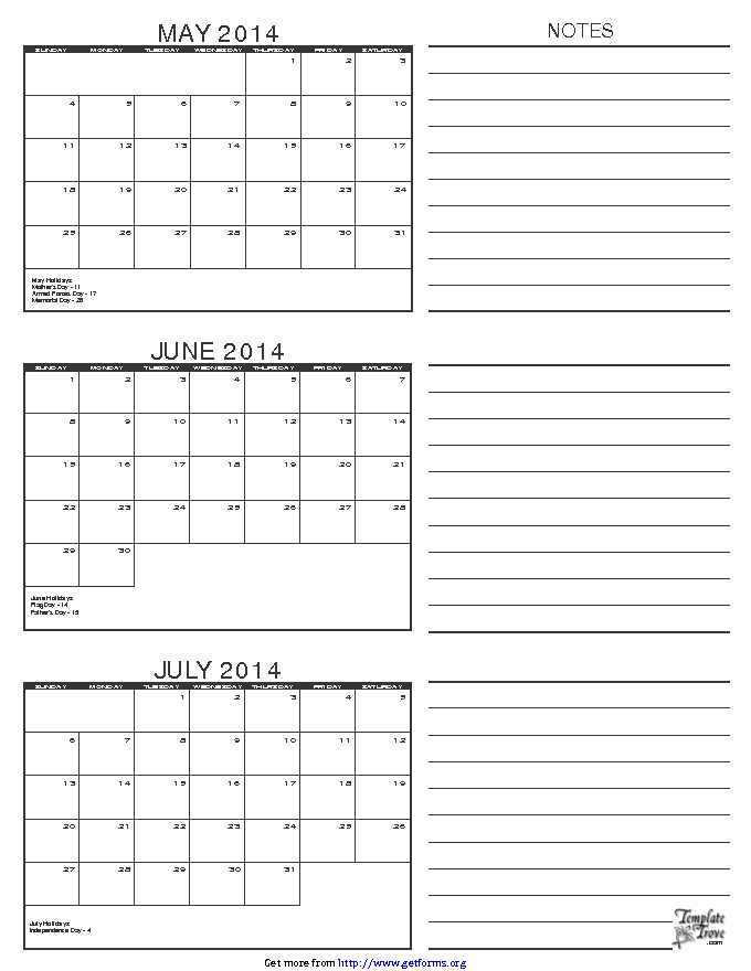 2014 Calendar Three Months Per Page 2