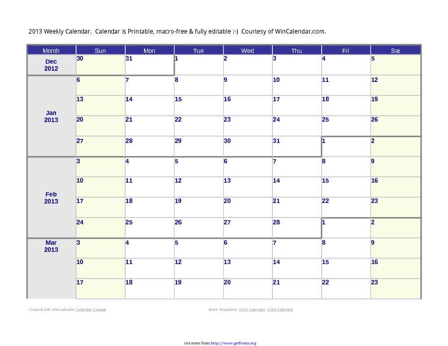 2013 Weekly Calendar Template