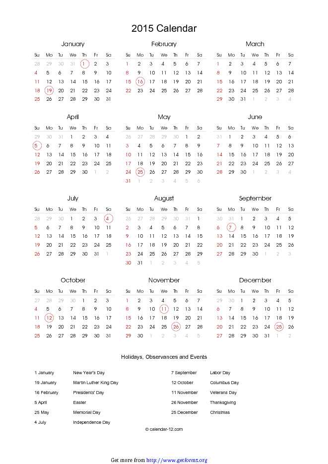 2015 Calendar With Holidays in Portrait Format