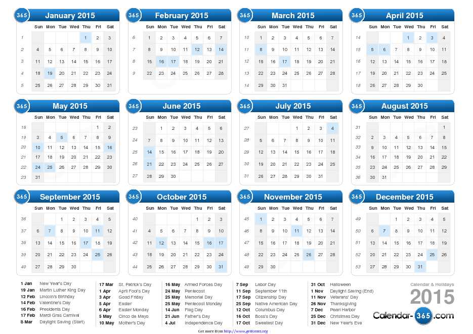 2015 Yearly Calendar