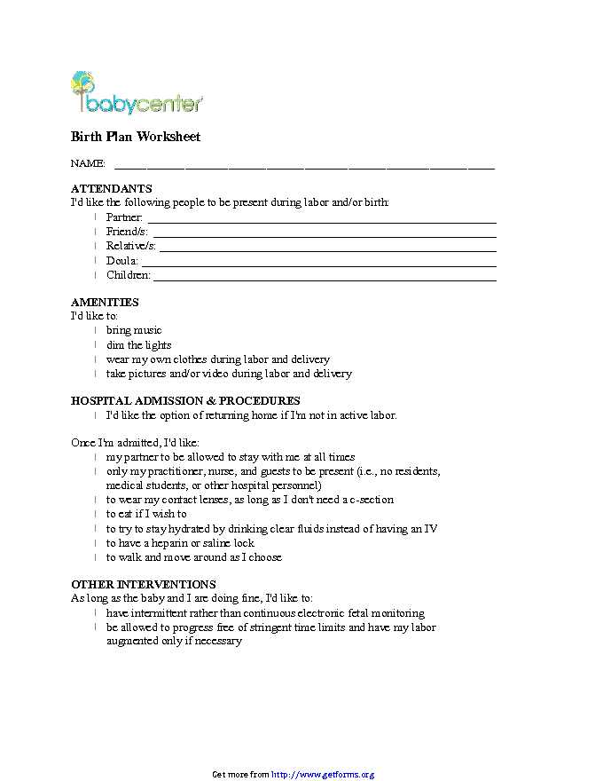 Birth Plan Worksheet 1