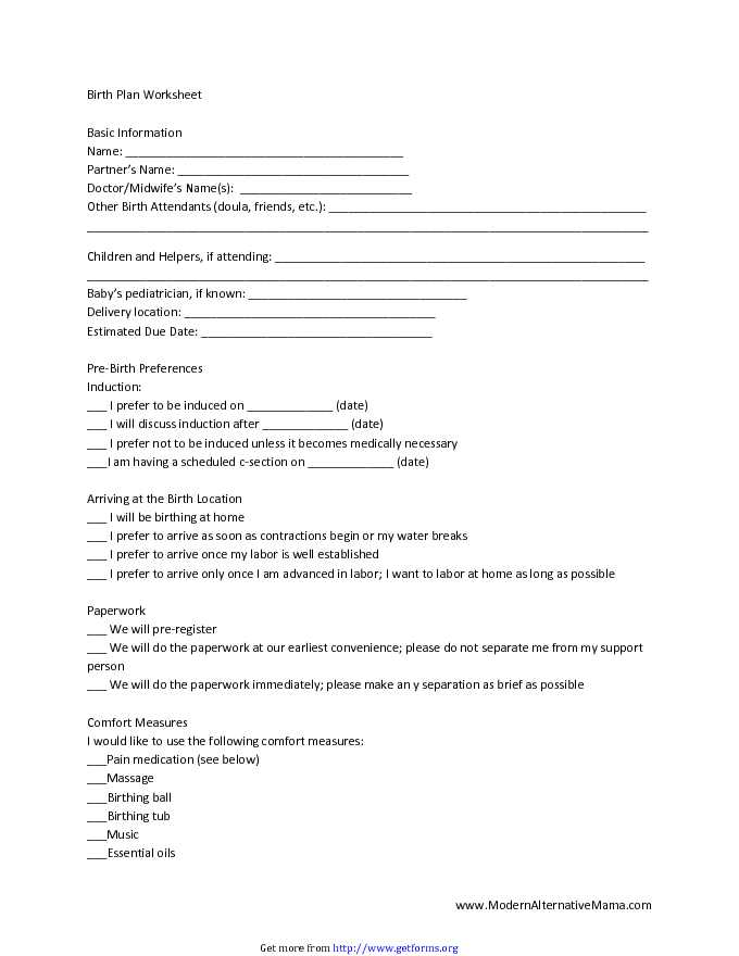 Birth Plan Worksheet 2