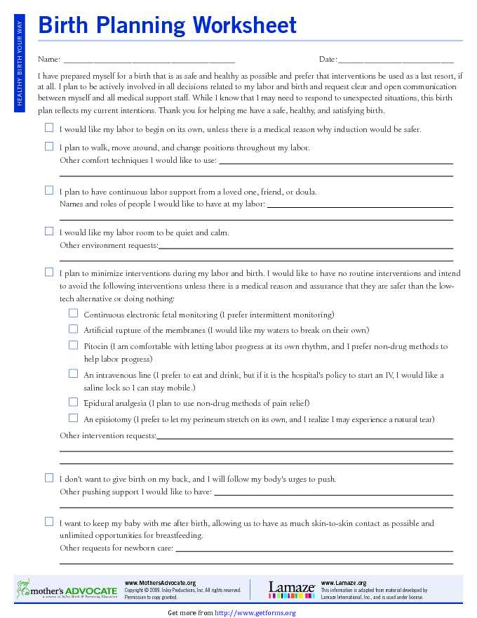 Birth Plan Worksheet 3