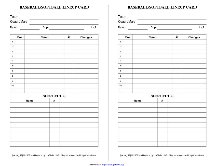 Baseball Lineup Sheets