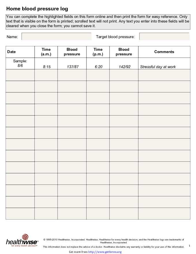 Home Blood Pressure Record Sheet Download Blood Pressure Chart For