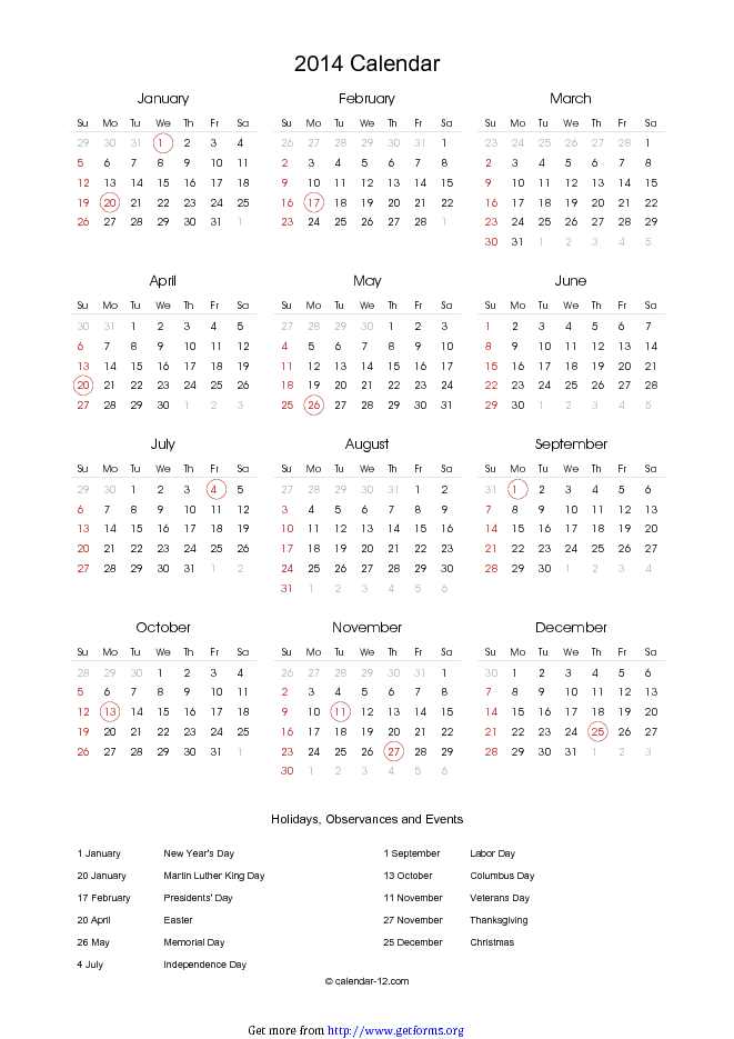 Annual Calendar 2014