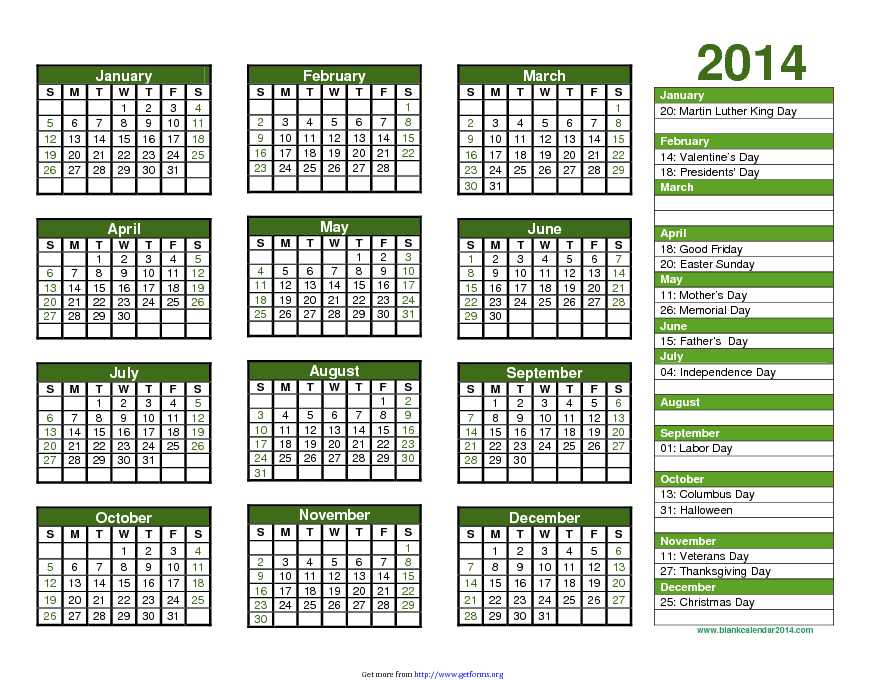 Blank Calendar 2014 Landscape