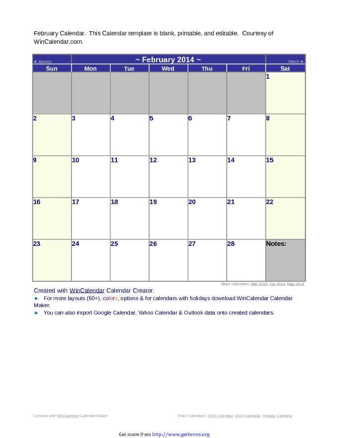 February 2014 Calendar 2