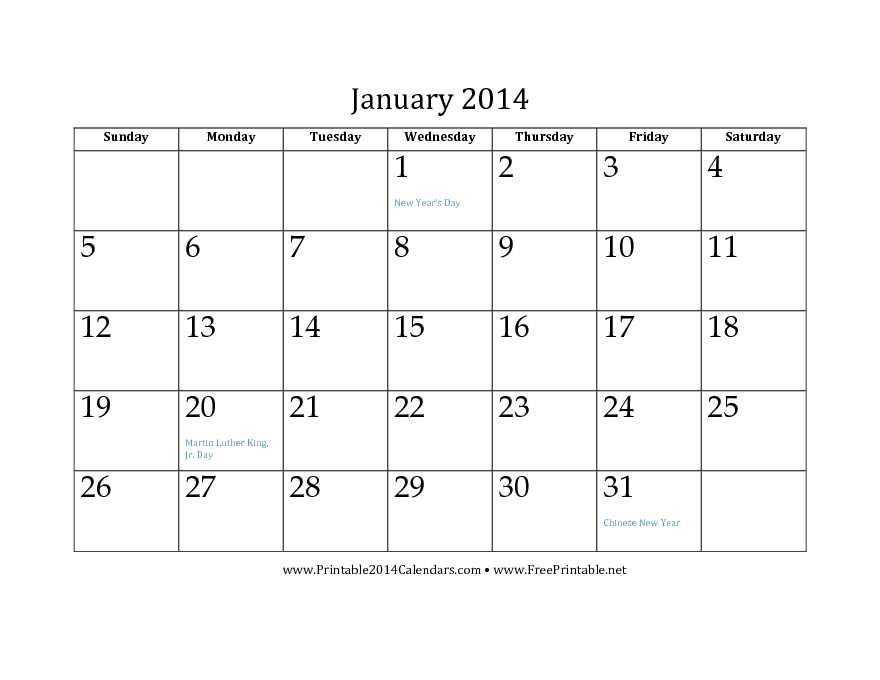 January 2014 Calendar 2