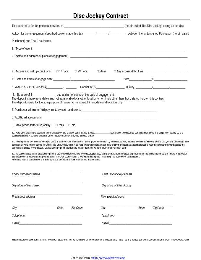 Disc Jockey Contract Form