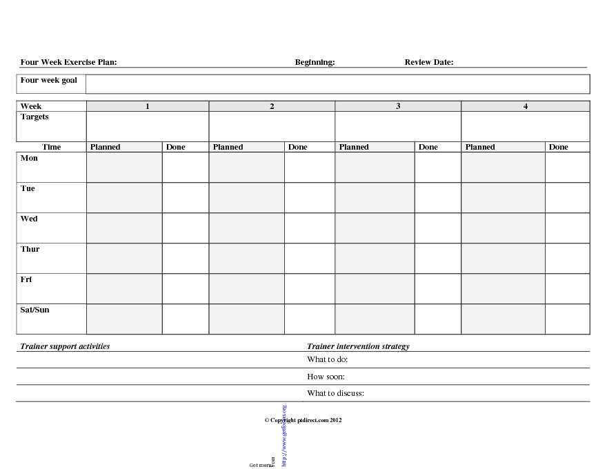 Four Week Exercise Plan Template