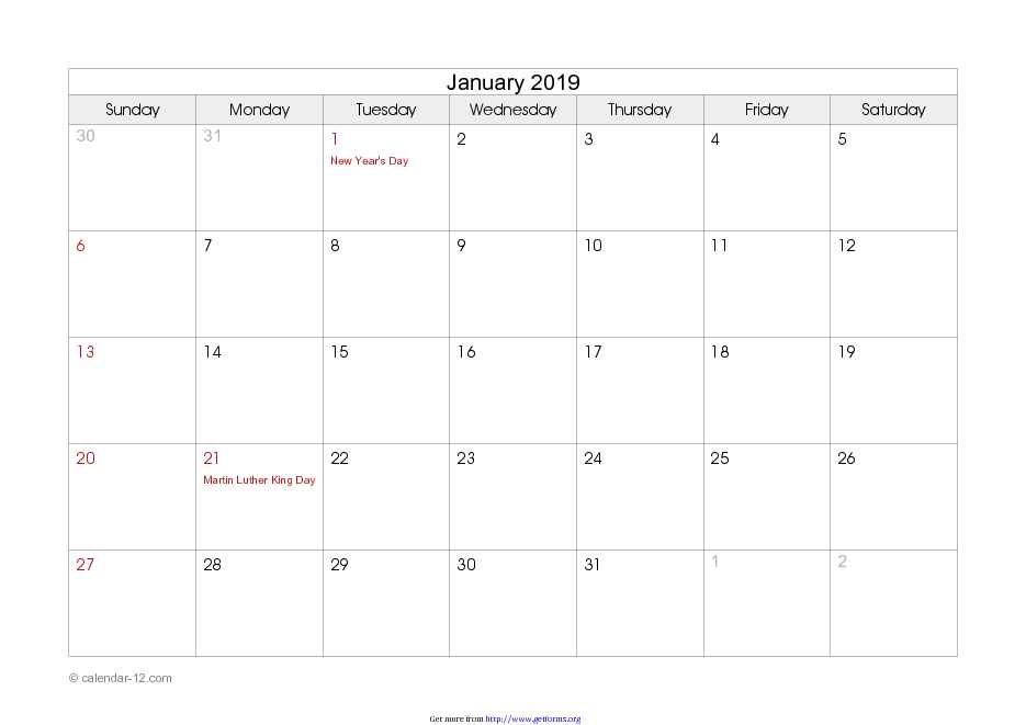 January 2019 Calendar 2