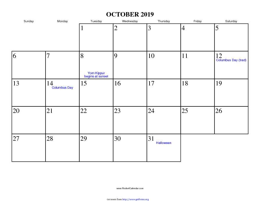 October 2019 Calendar 1