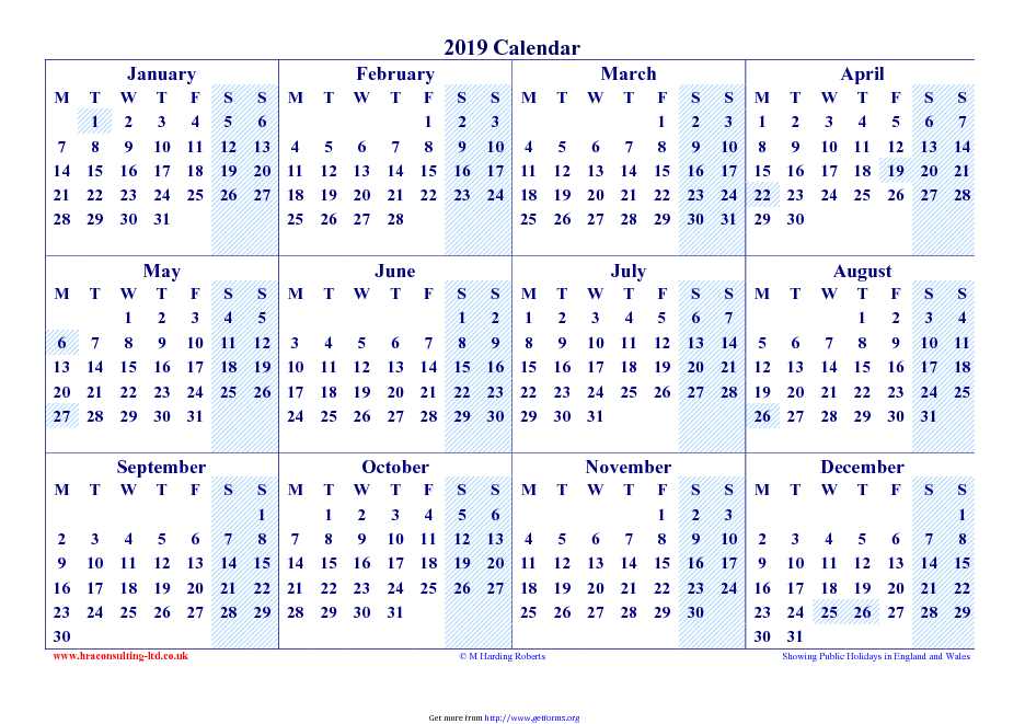 2019 Yearly Calendar 2